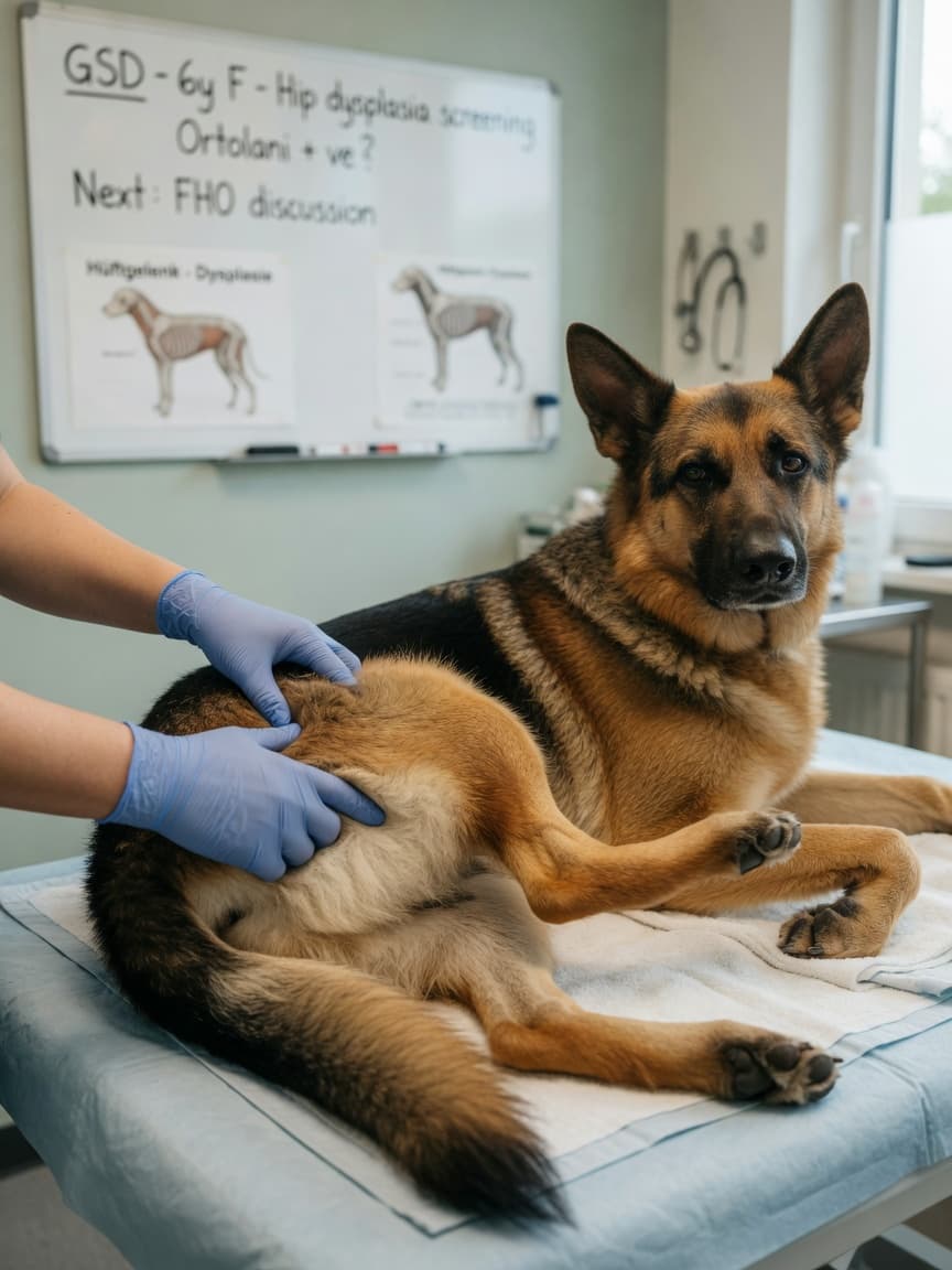 Veterinarian performing orthopedic hip examination on German Shepherd Dog on examination table