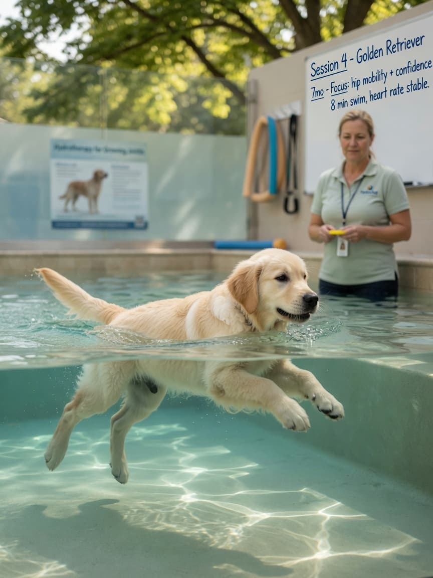 A Golden Retriever puppy swimming in a therapeutic pool, demonstrating joint-safe exercise for hip dysplasia prevention.
