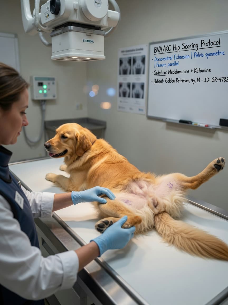 Veterinary radiologist positioning a sedated Golden Retriever for hip scoring radiographs on an examination table