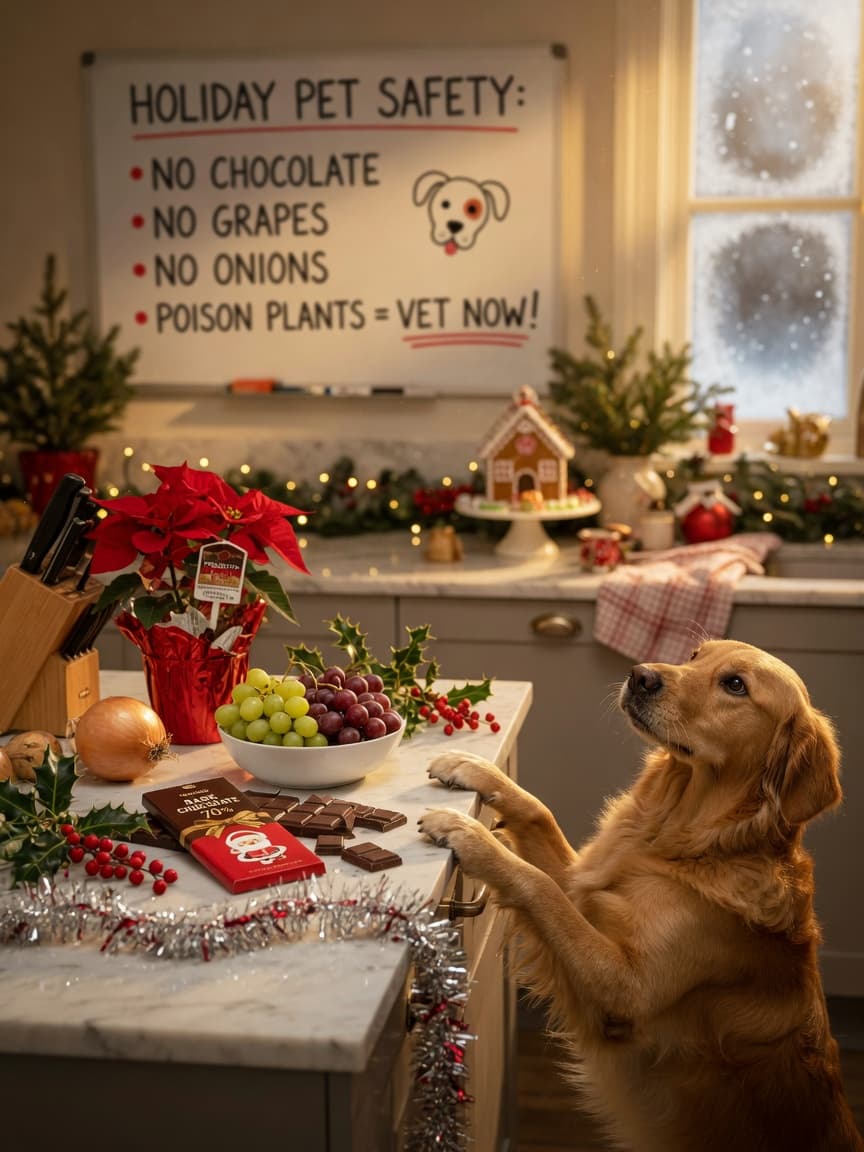 Golden retriever counter-surfing toward holiday toxins on kitchen counter including chocolate, grapes, onion, poinsettia, and holly