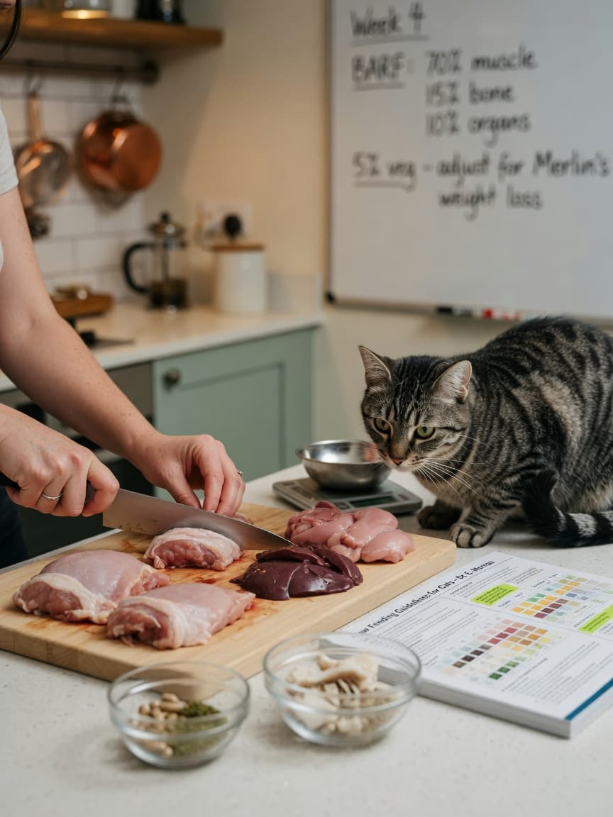 Cat owner preparing home-cooked cat food ingredients in a kitchen while a tabby cat watches