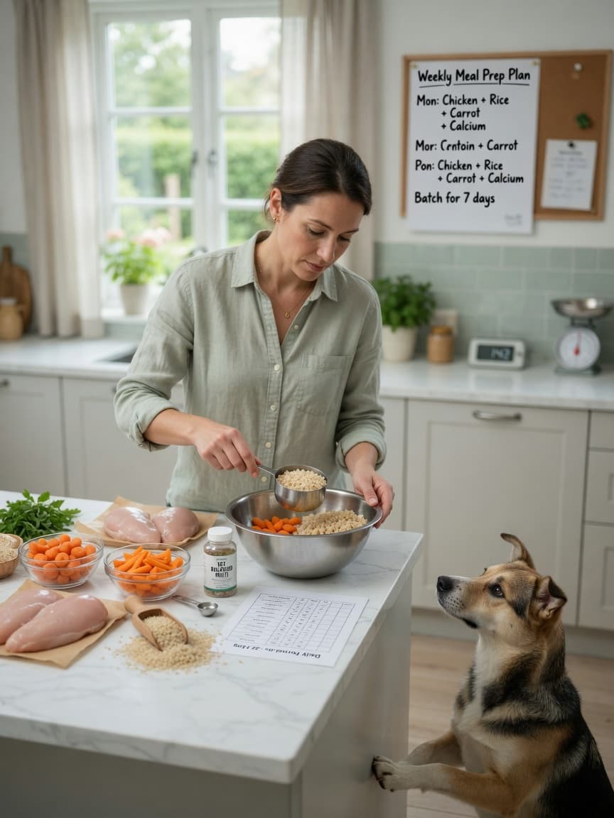 Dog owner carefully measuring and preparing home-cooked dog food ingredients in a bright kitchen, with a dog watching nearby