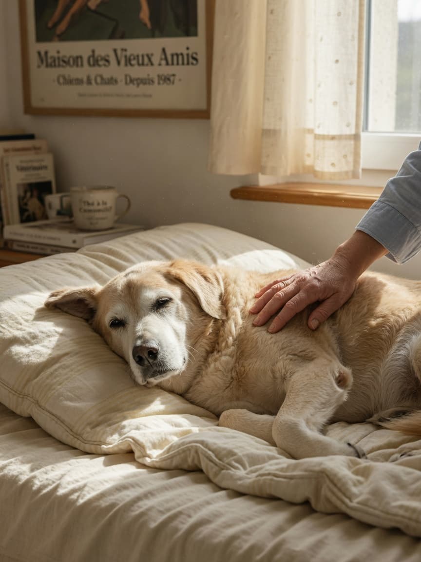 Elderly dog resting peacefully on soft bedding with owner's hand gently touching them in a warm, sunlit room