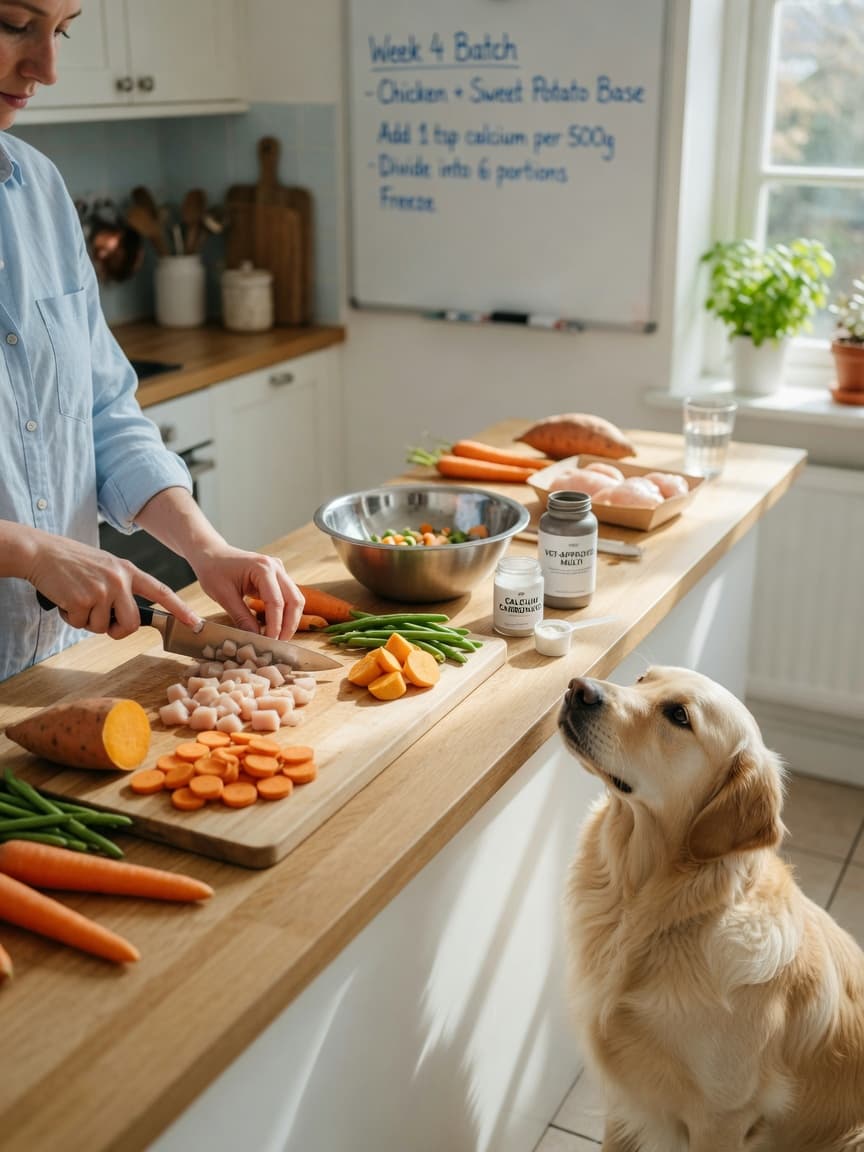 Dog owner preparing fresh homemade dog food in a bright kitchen with calcium supplement and fresh ingredients visible, golden retriever watching from the floor