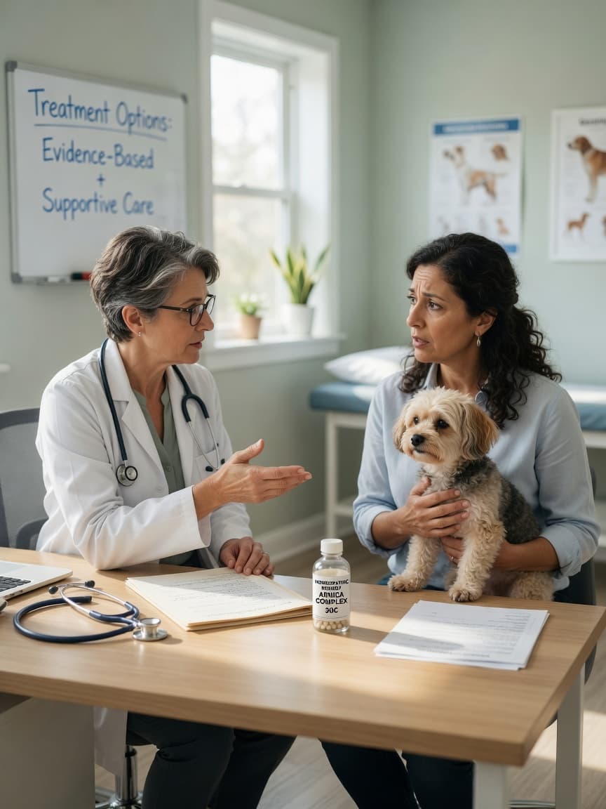 Veterinarian discussing treatment concerns with pet owner in clinic examination room
