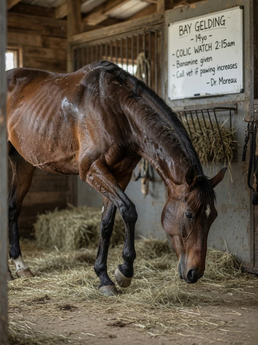 A distressed bay horse pawing at the ground in a stable, showing signs of colic discomfort with sweat on its neck and tense body posture
