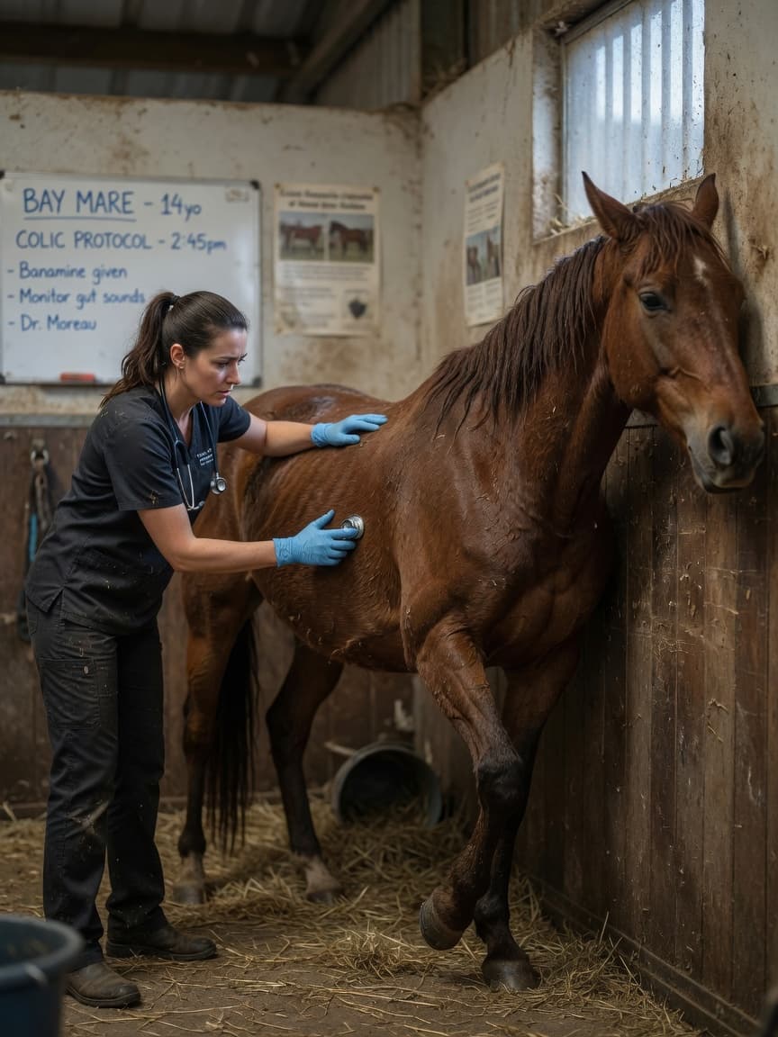 Equine veterinarian examining a distressed horse in a stable stall to diagnose colic