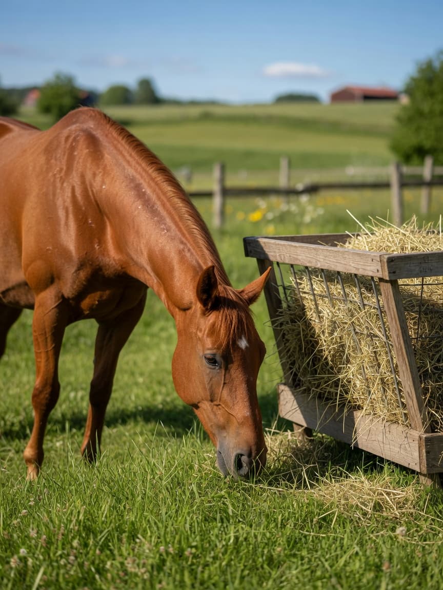 Chestnut horse grazing in a sunlit pasture with hay feeder nearby