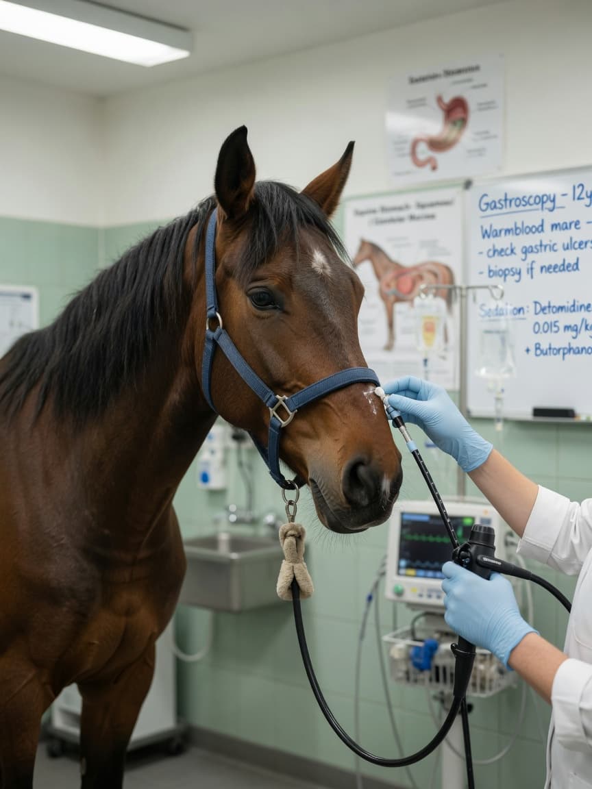 Veterinarian performing gastroscopy on a sedated horse, endoscope visible being inserted through the nostril for gastric ulcer diagnosis