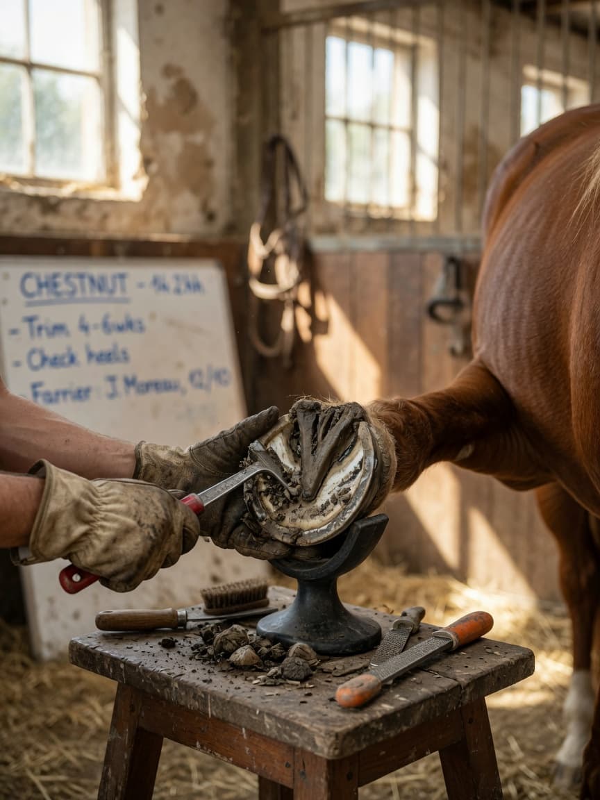Farrier cleaning and picking out a chestnut horse's hoof in a stable during routine maintenance