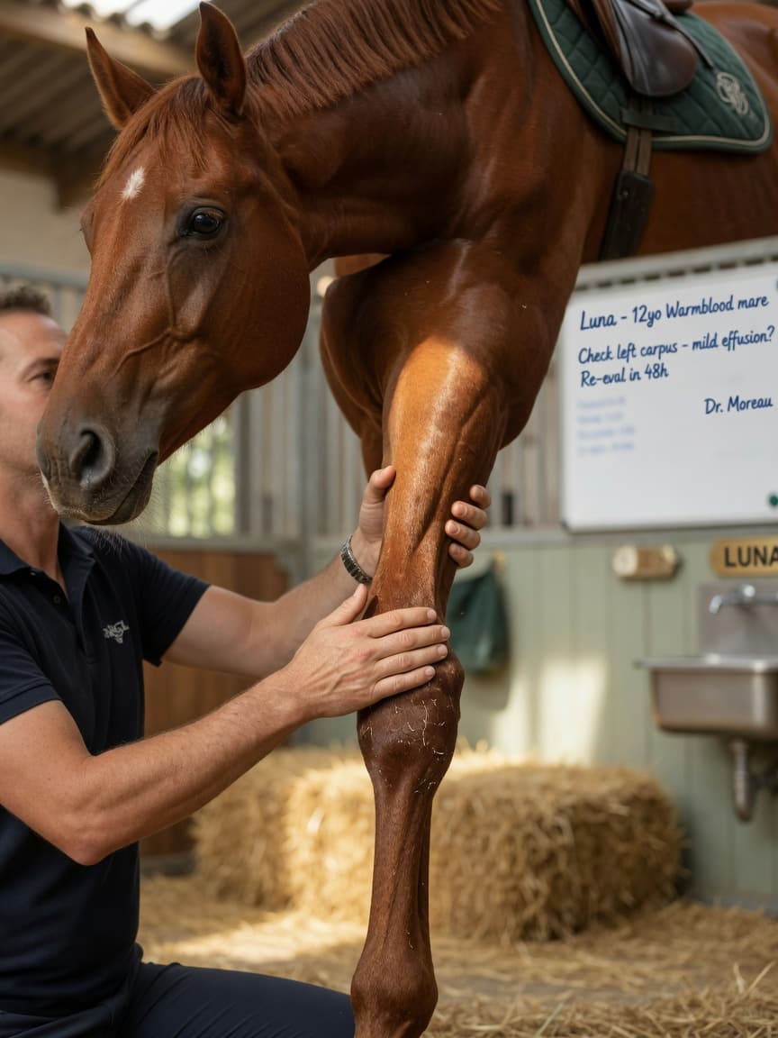 Veterinarian examining a chestnut horse's front leg joint for signs of joint disease and lameness