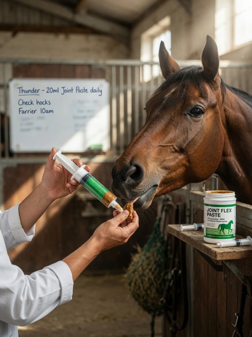 Veterinarian administering joint supplement to a bay horse in a sunlit stable