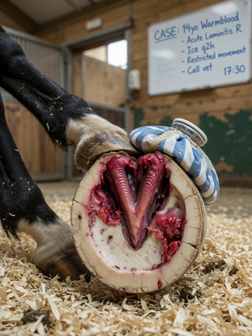 Close-up of an inflamed horse hoof showing internal laminae damage and swelling, with ice therapy applied in a stable setting