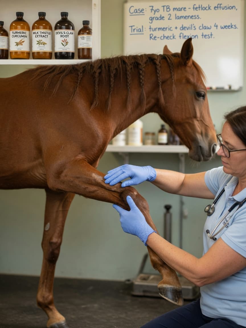 Equine veterinarian examining a chestnut horse's leg for joint inflammation in a clinic setting, with natural supplement bottles visible in background