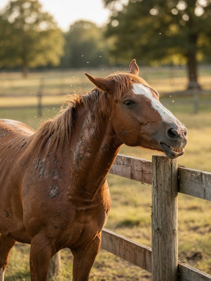 Chestnut horse with white blaze intensely scratching its neck against a fence post, showing visible hair loss and skin irritation from sweet itch