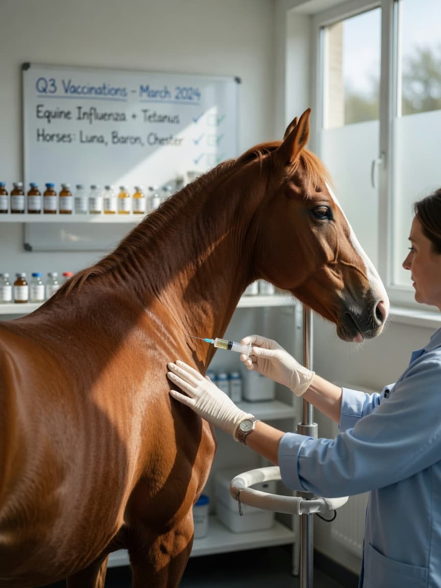 Equine veterinarian administering horse vaccination in modern European clinic