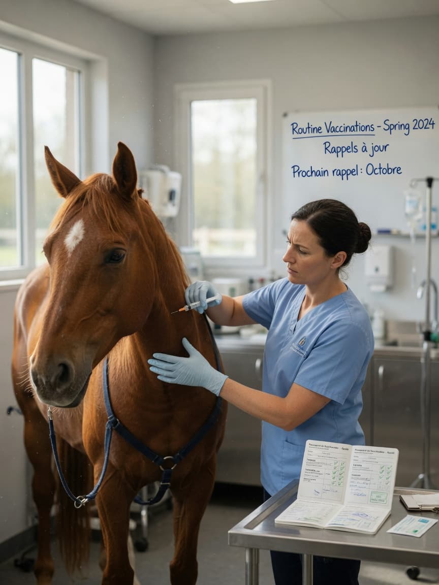 Equine veterinarian administering vaccination injection to a chestnut horse in a professional clinic setting