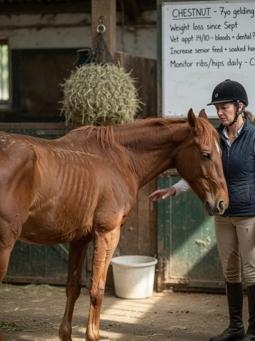 A visibly thin chestnut horse with prominent ribs standing in a stable while a concerned owner assesses its body condition