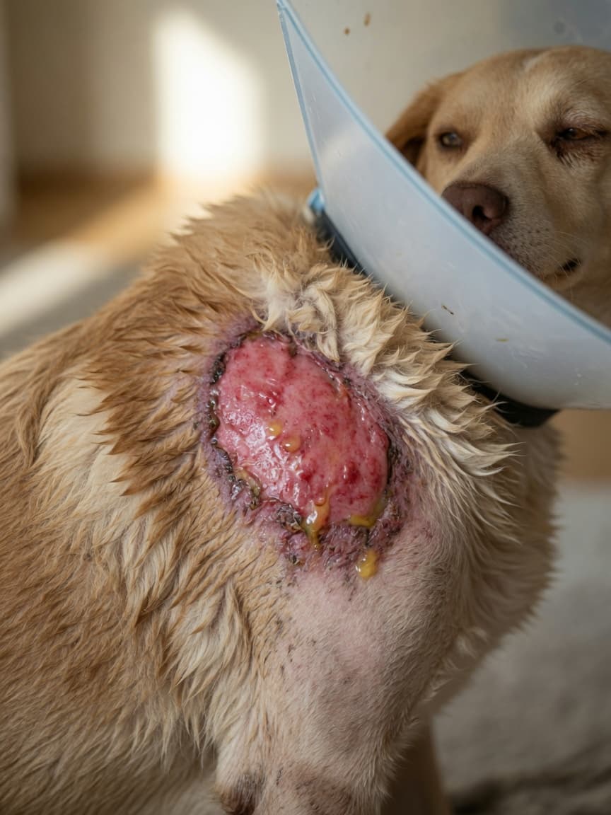 Close-up of a hot spot lesion on a dog's shoulder showing red, raw, inflamed skin with matted fur and an Elizabethan collar partially visible