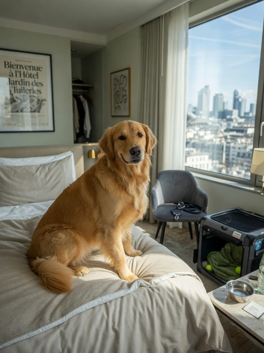 Golden retriever relaxing on a hotel bed with travel crate and water bowl visible in a bright modern room