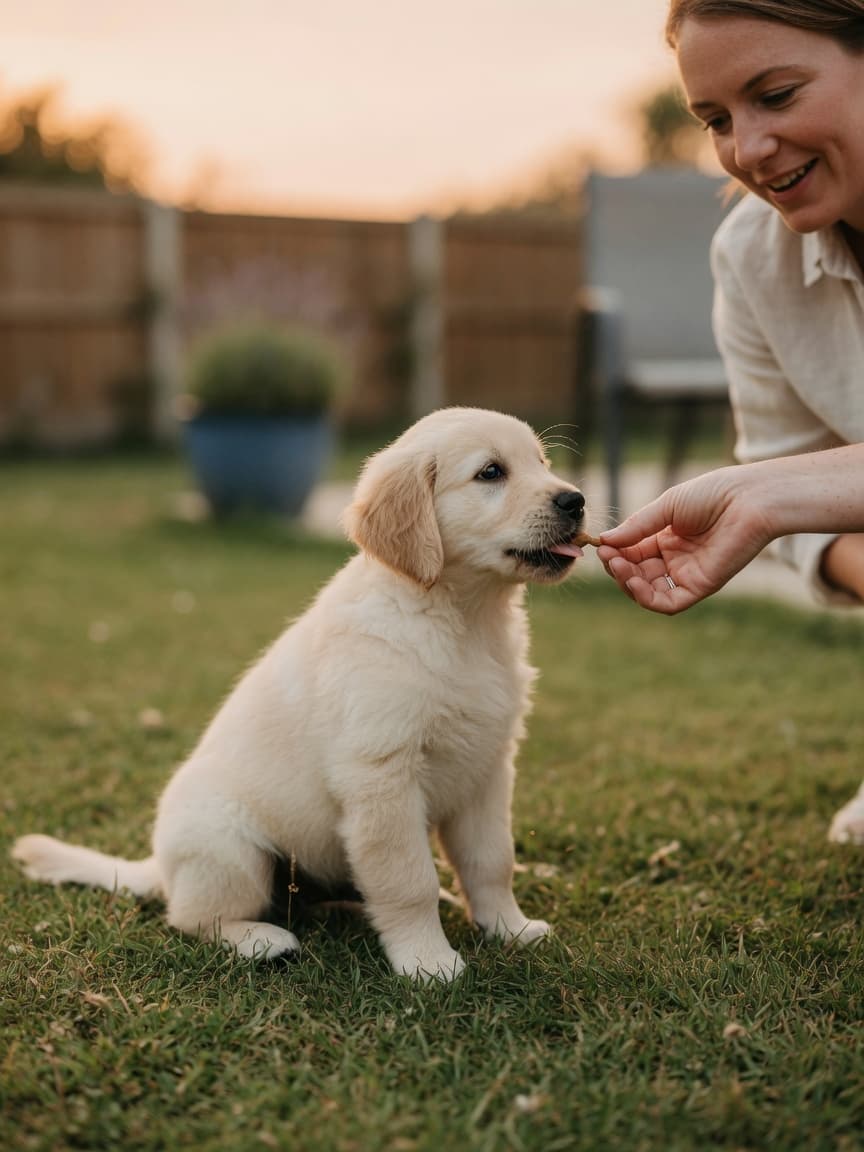 Golden retriever puppy being rewarded with a treat immediately after toileting outside on grass during house training
