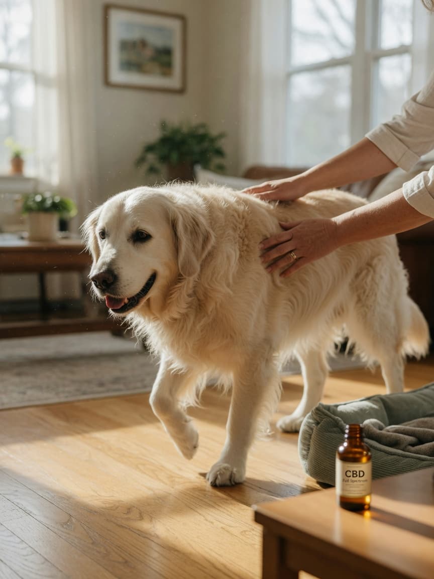 Senior golden retriever limping indoors with CBD oil bottle visible on side table, owner's hand gently supporting dog's back