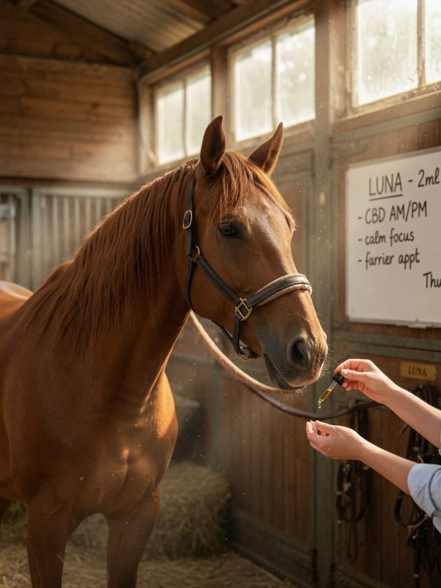 A calm chestnut horse receiving CBD oil from a handler in a sunlit stable