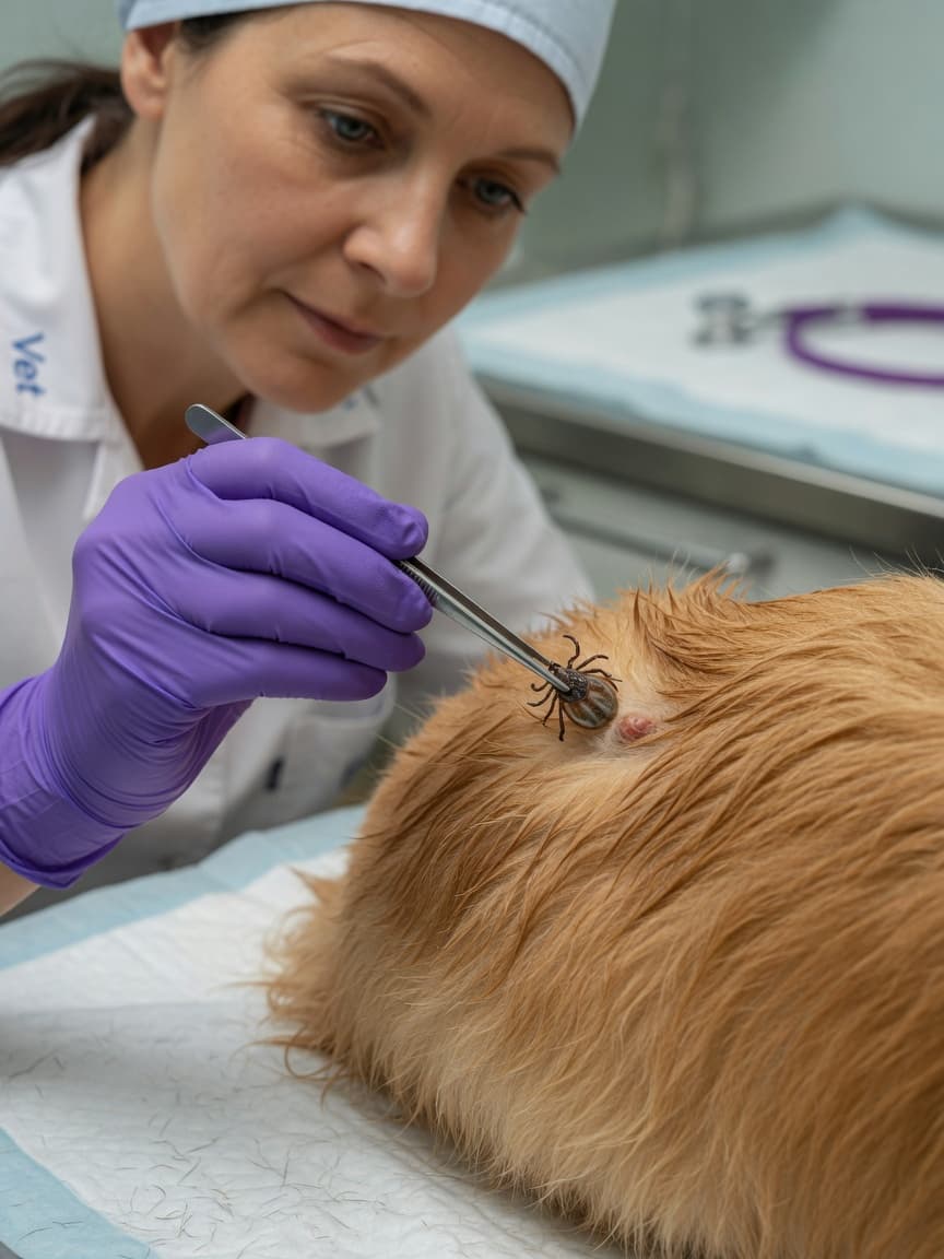 Veterinarian carefully removing a tick from a golden retriever's shoulder using tweezers during examination
