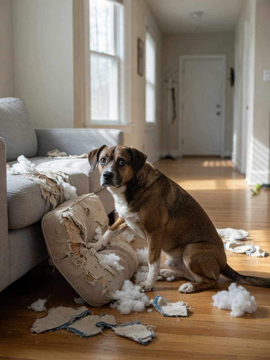 Anxious dog sitting beside a chewed sofa cushion with stuffing, ears drooped, looking sad and lonely in an empty living room