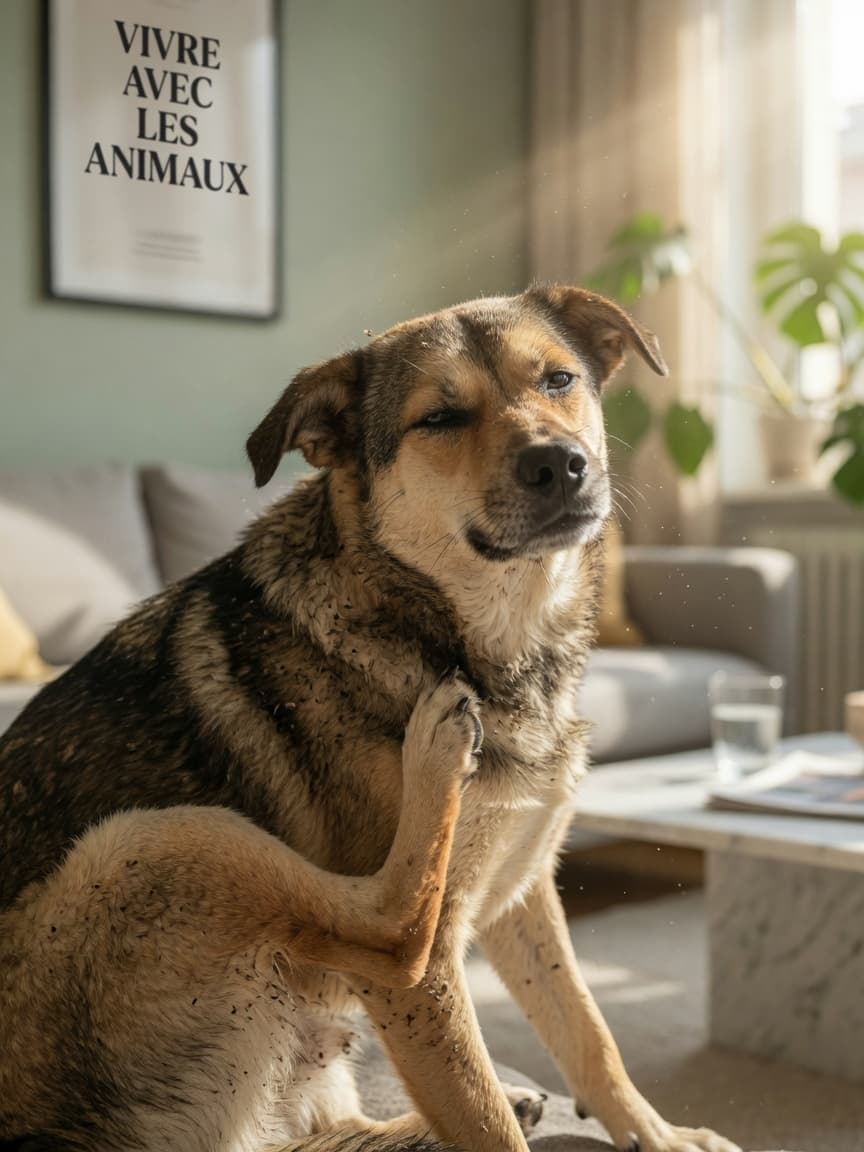 Dog scratching intensely at fur with visible flea dirt specks, showing signs of flea infestation in a sunny living room