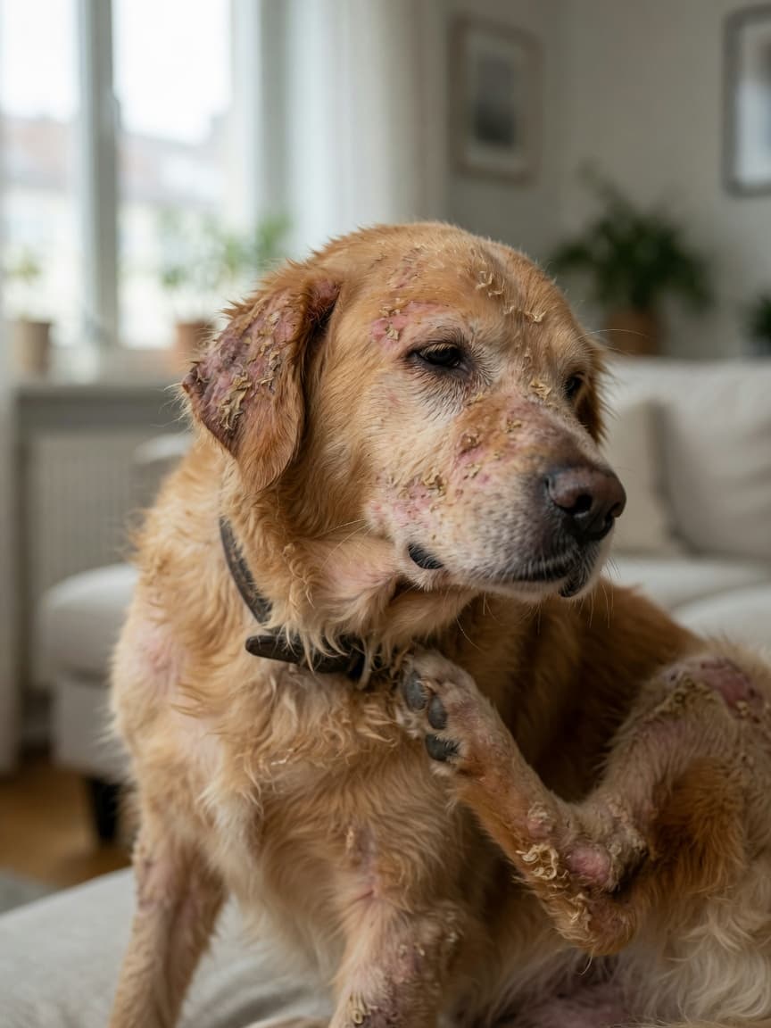Golden retriever scratching intensely, showing patchy hair loss and red inflamed skin characteristic of mange