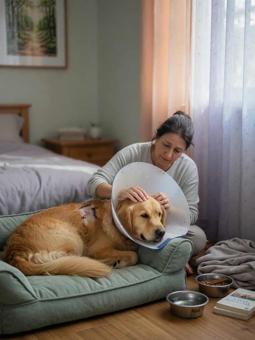 Golden retriever recovering from neutering surgery, wearing an Elizabethan cone, resting on a soft bed while owner gently comforts the dog in a quiet recovery space