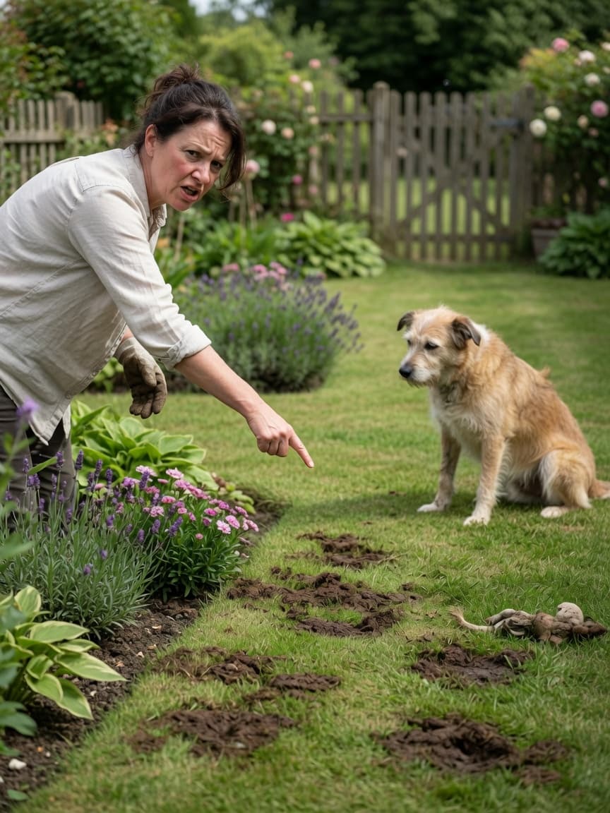 Frustrated homeowner in garden pointing at soiled lawn areas while dog sits nearby