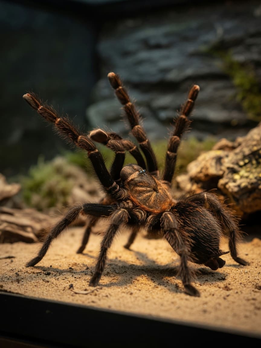 A male tarantula performing courtship display with raised front legs and vibrating posture during mating ritual