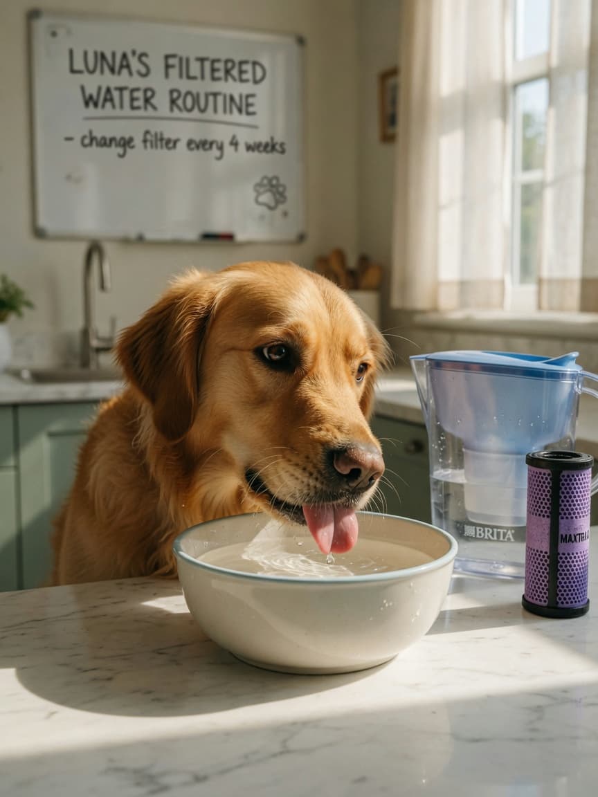 Dog drinking filtered water from a bowl beside a water pitcher with activated carbon filter on a bright kitchen counter