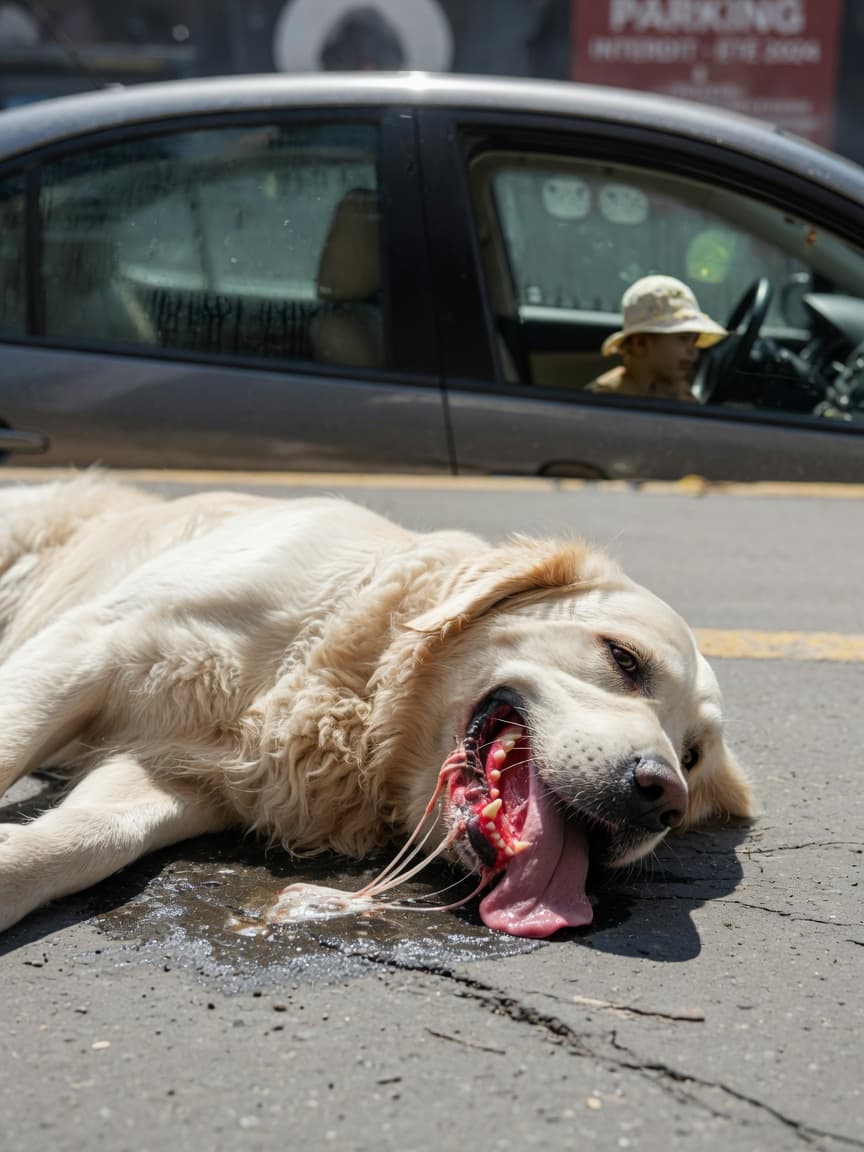 Golden Retriever showing signs of heat stroke on hot pavement during intense summer heat