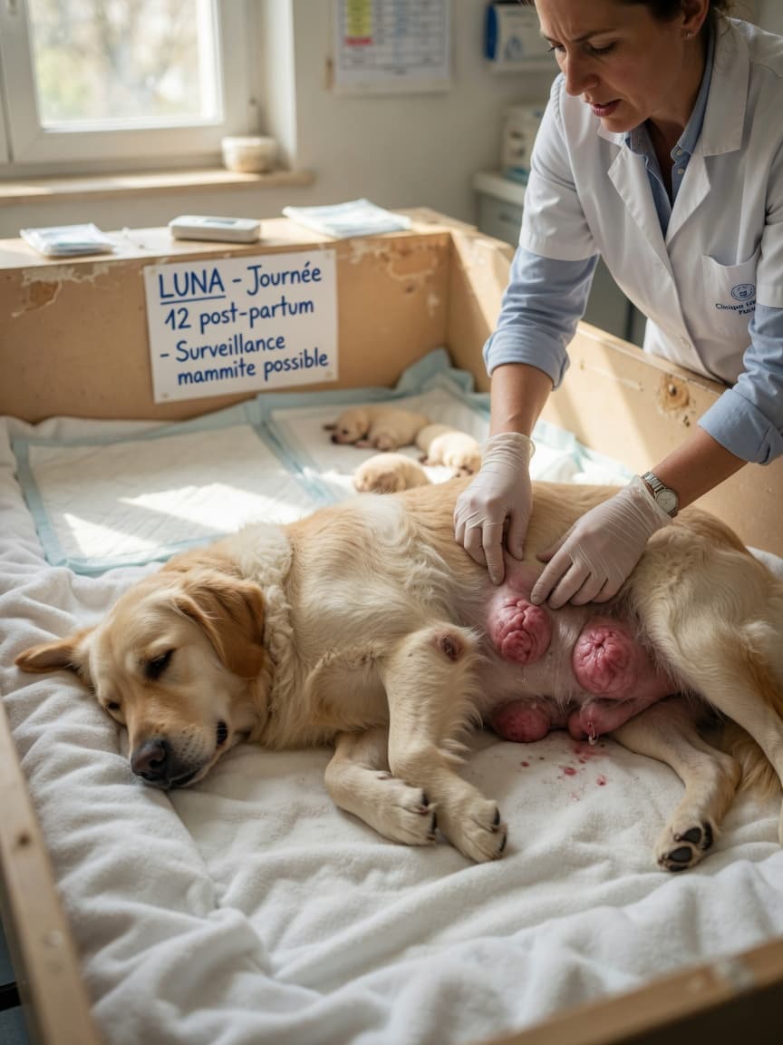 Veterinarian examining a nursing dog's inflamed mammary glands during a mastitis diagnosis