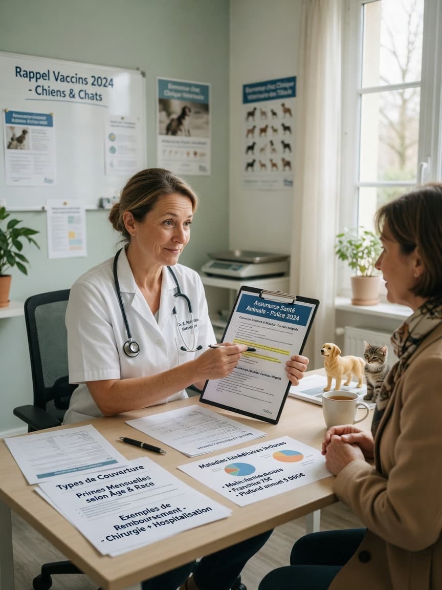 Veterinarian consulting with pet owner about pet insurance policy types and premiums at clinic desk