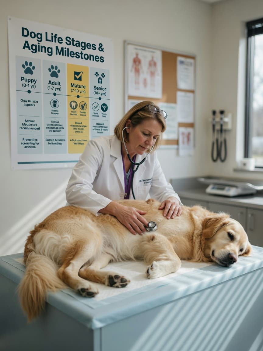Veterinarian performing a preventive health screening examination on a mature Golden Retriever during a wellness visit