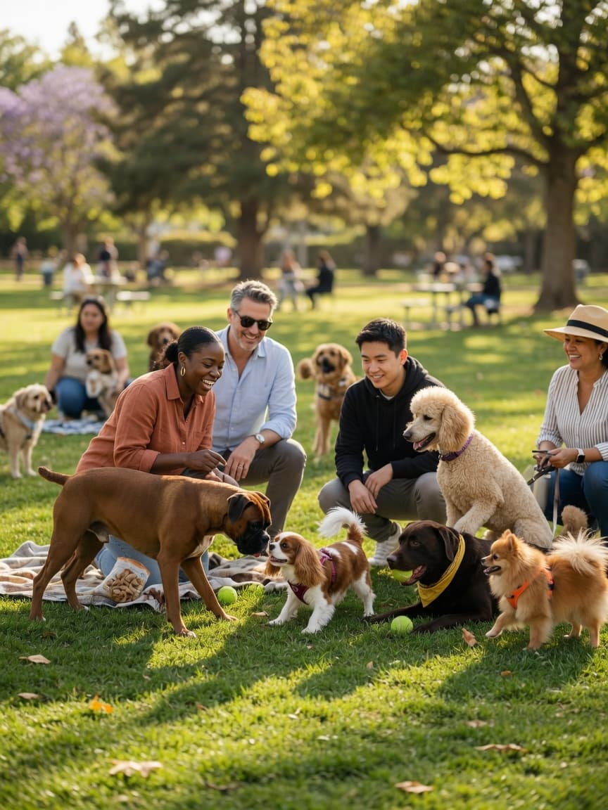 A diverse group of dogs and their owners socializing together at a sunny community park