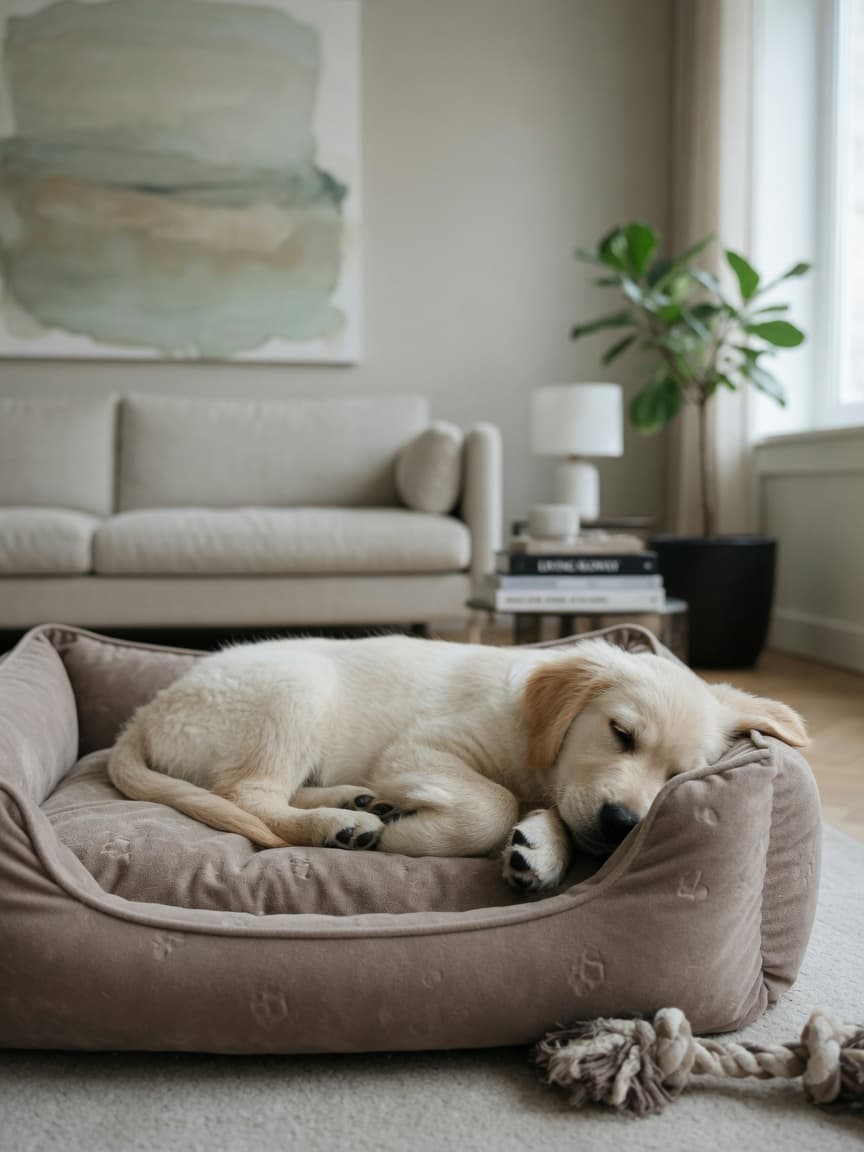 Young Golden Retriever puppy peacefully resting on a soft bed in a calm, quiet corner of a sunlit living room