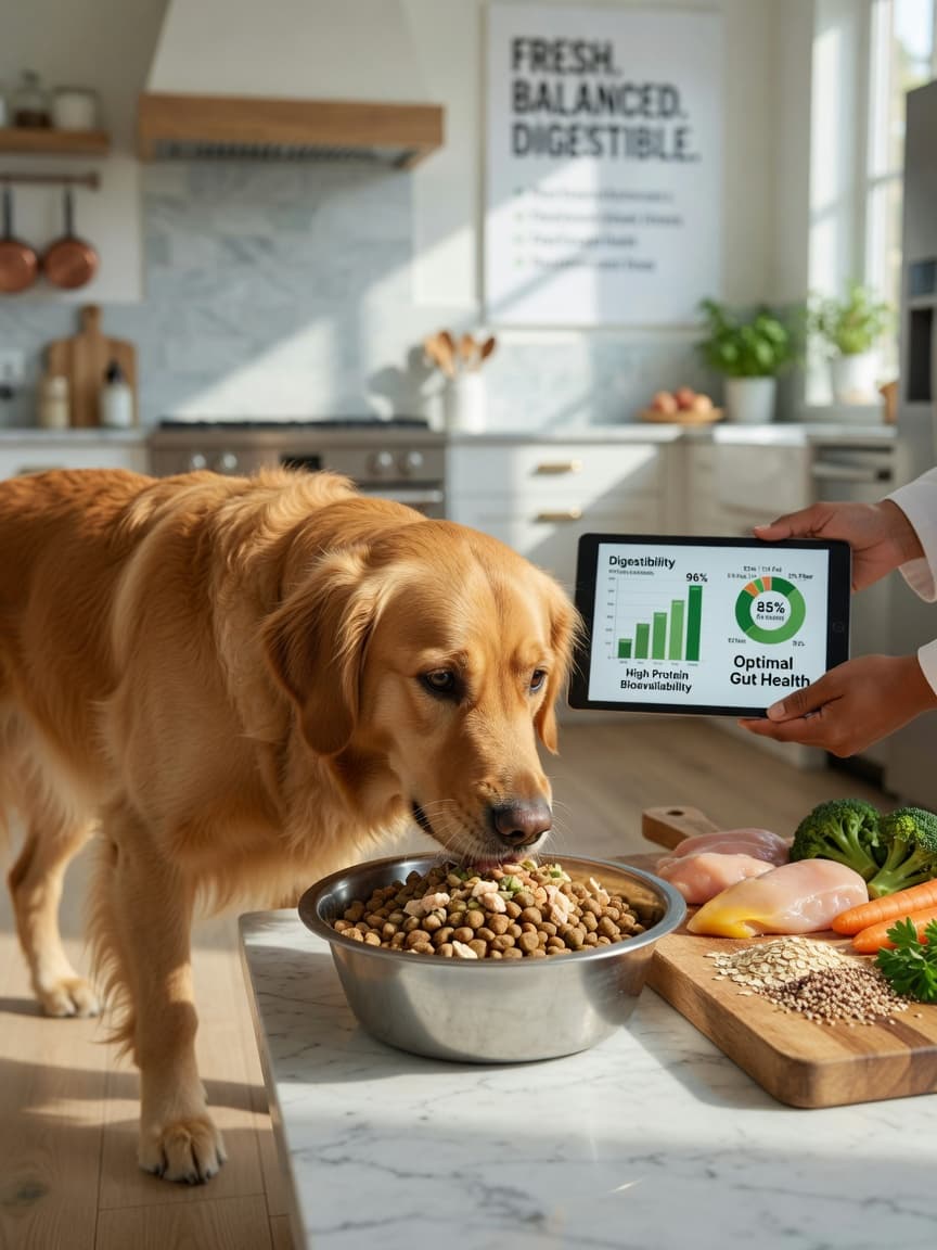 Golden Retriever eating premium digestible dog food in a bright kitchen with fresh whole ingredients and veterinary nutritional guidance visible