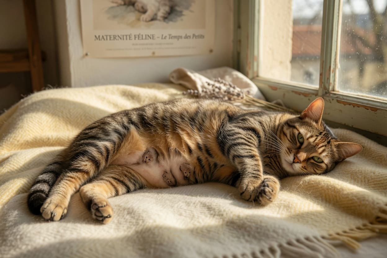 Pregnant tabby cat resting on blanket in sunlight, showing enlarged belly in late pregnancy stage