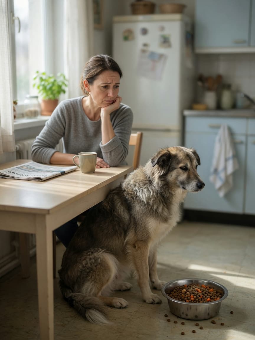 Dog owner observing their dog's refusal to eat from a food bowl, conveying concern about appetite loss