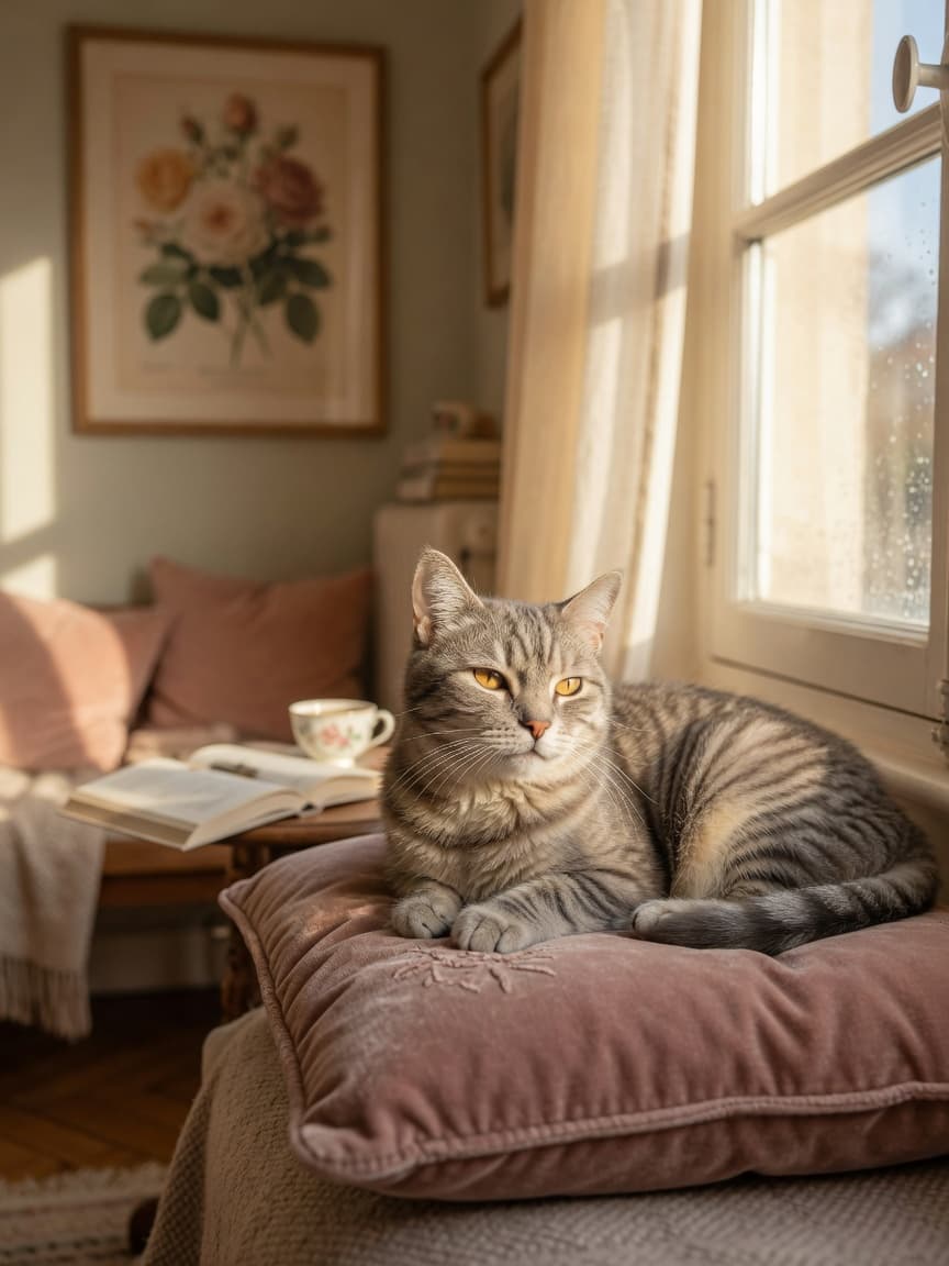 Elderly tabby cat resting peacefully on cushion by sunny window