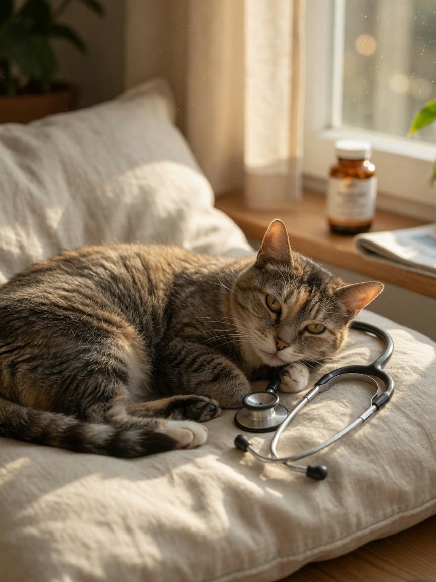Senior cat resting by window with veterinary stethoscope nearby symbolizing long feline lifespan