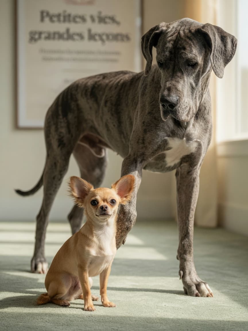A tiny Chihuahua and a giant Great Dane sitting together on a green carpet, illustrating the dramatic size difference between small and large dog breeds.
