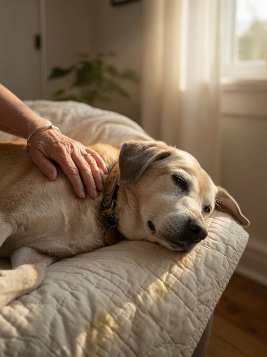 Senior dog resting peacefully on a soft blanket with owner's hand gently touching its shoulder in warm window light