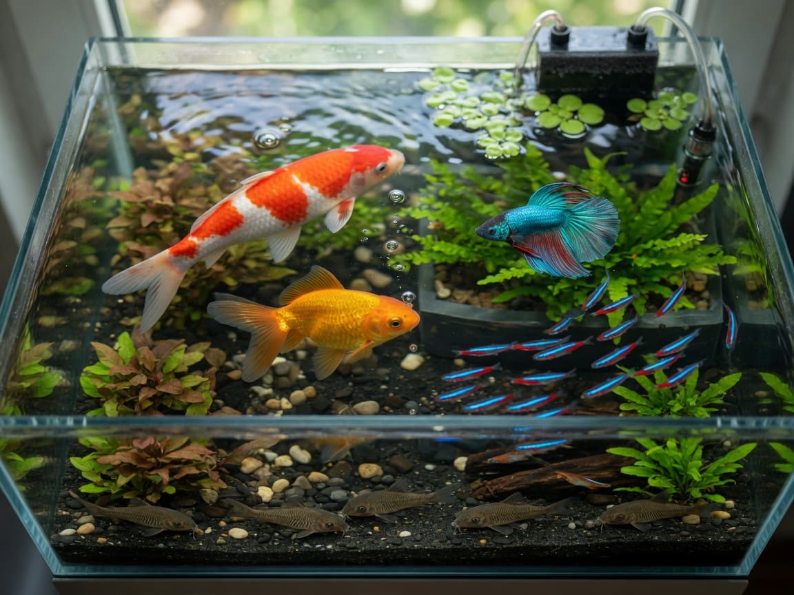 A well-maintained home aquarium displaying multiple colorful fish species including koi, goldfish, bettas, neon tetras, and corydoras catfish swimming in crystal-clear water with live plants and proper substrate