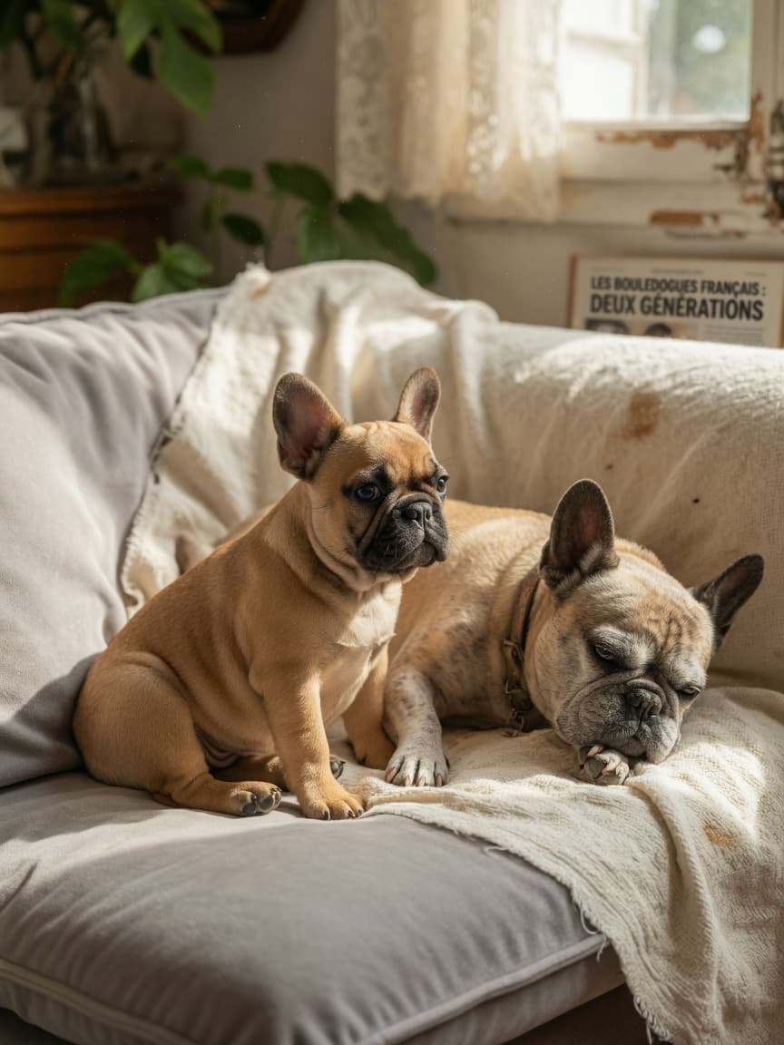 Two French Bulldogs of different ages resting together on soft cushions in warm sunlight, representing lifespan and aging